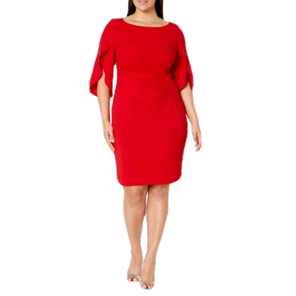 DKNY Women's Red Tulip Sleeve Side Ruched Sheath Dress Size 14